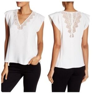 Rebecca Taylor Crepe Lace Top Crochet Ruffle‎ Cap Sleeves Feminine Sz 0